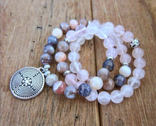 SALE - 54 Bead Mala Necklace in Rose Quartz and Botswana Agate with Labyrinth Charm