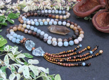 108 Beaded Mala in Matte Amazonite, Brown Line Agate, Blue Quartz Tassel Necklace