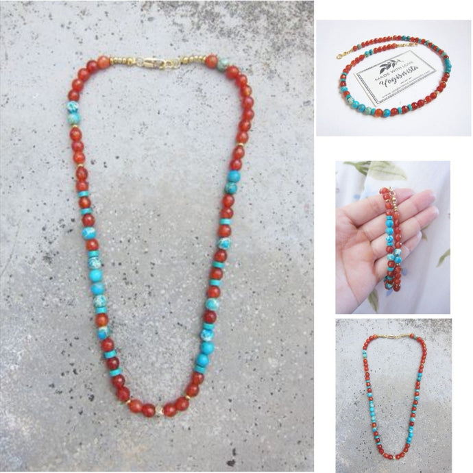 Carnelian and Aqua Turquoise Jasper Choker Necklace in 14K Gold Vermeil Finished
