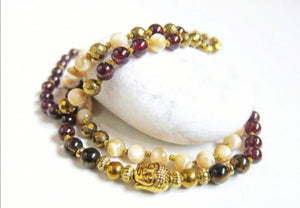 Mother of Pearl, Red Garnet, Gold Hematite Boho Necklace