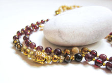 Mother of Pearl, Red Garnet, Gold Hematite Boho Necklace with Buddha Head Bead