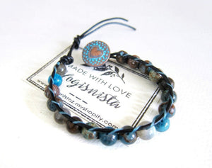 Blue Brown Mix Gemstones Bracelet on Dark Cord Leather