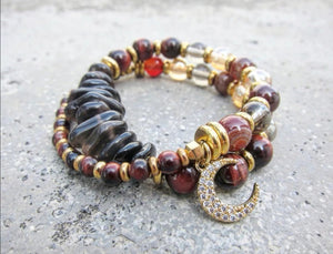 Confidence, Calming + Protection Mala Bracelet - Red Tiger Eye and Smoky Quartz