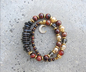 Confidence, Calming + Protection Mala Bracelet - Red Tiger Eye and Smoky Quartz