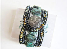 Imperial Turquoise Gemstone - 5 Row Cuff Leather Wrap Bracelet (fits wrist size 7.5 to 8 inch)