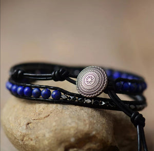 Blue Lapis Lazuli and Gunmetal Hematite 2X Leather Wrap Bracelet - For Him or Her