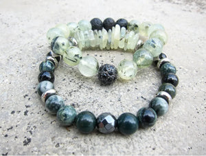 2 piece set - Prehnite, Green Bloodstone, Green Serpentine Jasper Mala Bracelets