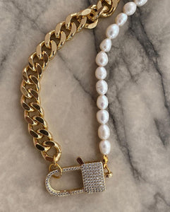 Gold Platinum CZ Padlock Chain Necklace with Freshwater Pearls - great gift ideas for birthdays!