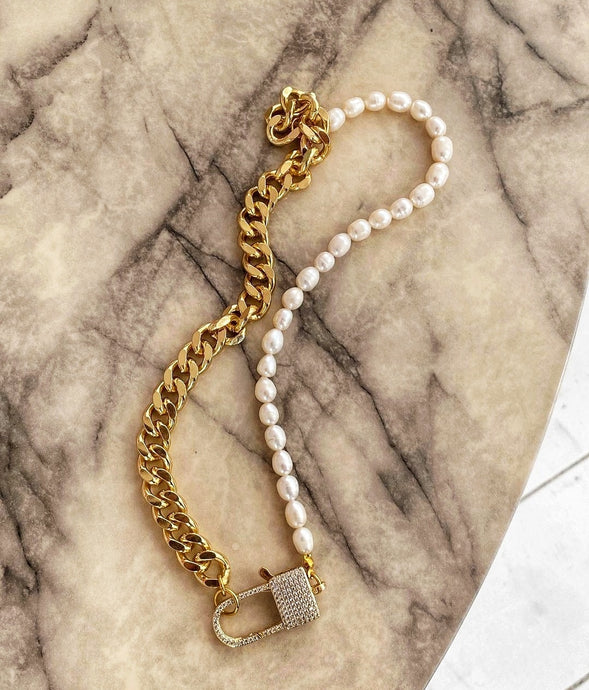 Baroque Freshwater White Pearl and Gold Chain Necklace - June Birthstone