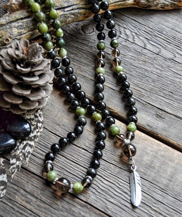 Abundance, Good Luck, Protection in Black Obsidian, Canadian Olive Jade Mala Necklace