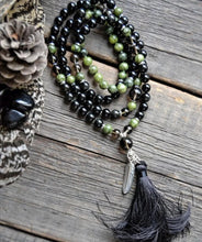 Abundance, Good Luck, Protection in Black Obsidian, Canadian Olive Jade Mala Necklace