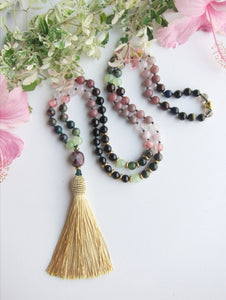 Black Tourmaline, Lepidolite, Pink Quartz, Garnet, Bloodstone in Champagne Gold Tassel