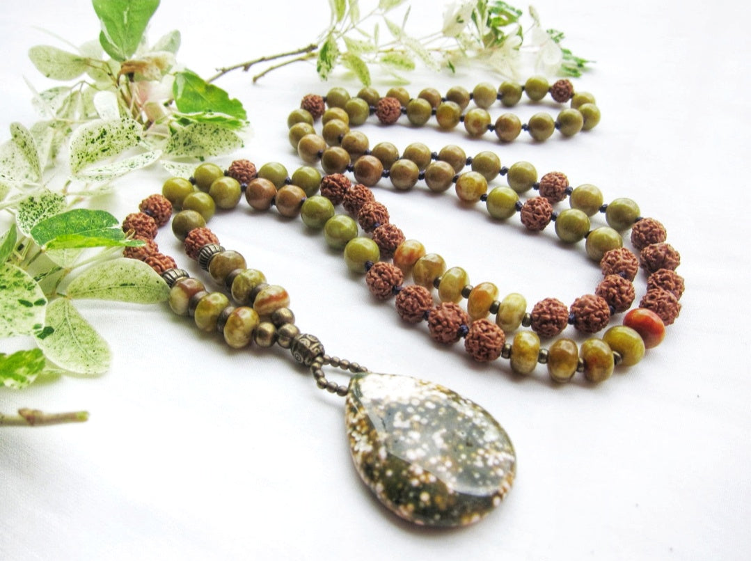 SALE - Australia Olive Opal, Serpentine Jasper, Rudraksha in Ocean Jasper Pendant Necklace