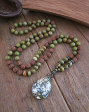 SALE - Australia Olive Opal, Serpentine Jasper, Rudraksha in Ocean Jasper Pendant Necklace