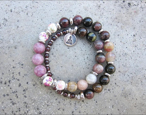 27 Bead Mala Bracelet in Red Wine Garnet + Watermelon Tourmaline w/ Yoga Meditation Charm