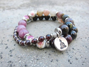 27 Bead Mala Bracelet in Red Wine Garnet + Watermelon Tourmaline w/ Yoga Meditation Charm