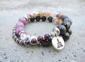 27 Bead Mala Bracelet in Red Wine Garnet + Watermelon Tourmaline w/ Yoga Meditation Charm