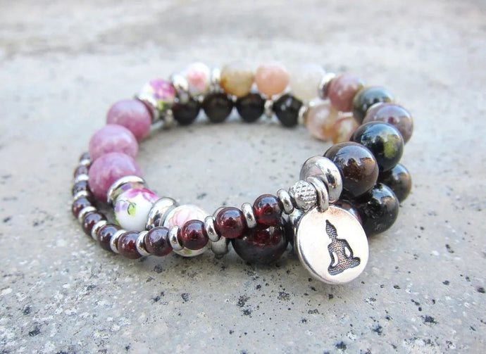 27 Bead Mala Bracelet in Red Wine Garnet + Watermelon Tourmaline w/ Yoga Meditation Charm