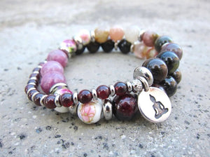 27 Bead Mala Bracelet in Red Wine Garnet + Watermelon Tourmaline w/ Yoga Meditation Charm