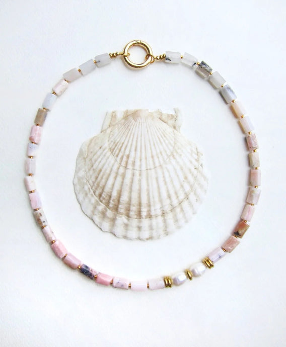 CLEARANCE SALE - Pink Opal and Baroque Freshwater Pearl BOHO Necklace