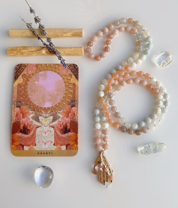 Full Moon Mala in 24K Rose Gold Hamsa Pendant Necklace