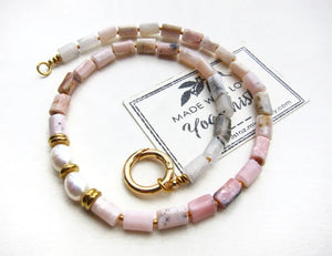 CLEARANCE SALE - Pink Opal and Baroque Freshwater Pearl BOHO Necklace