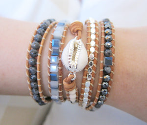 SALE - Isabella Miyuki Shell Mix Leather Wrap Bracelet