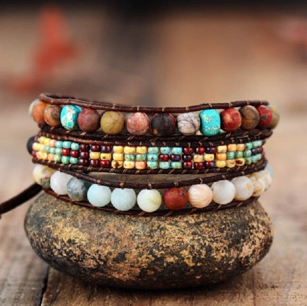 7 Chakra Jasper Bracelet - Seed Bead Stone 3X Wrap Bracelet