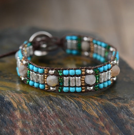 Turquoise Tibetan Silver Mix Jasper Cuff Beaded Bracelet