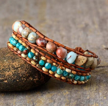 3X Wrap Bracelet - Seed Bead, Jasper Mix Beaded Wrap Leather Bracelet