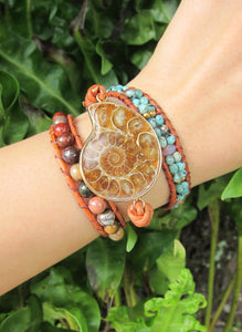 Natural Ammonite Fossil Jasper & African Turquoise 3X Wrap Bracelet