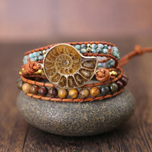 Natural Ammonite Fossil Jasper & African Turquoise 3X Wrap Bracelet