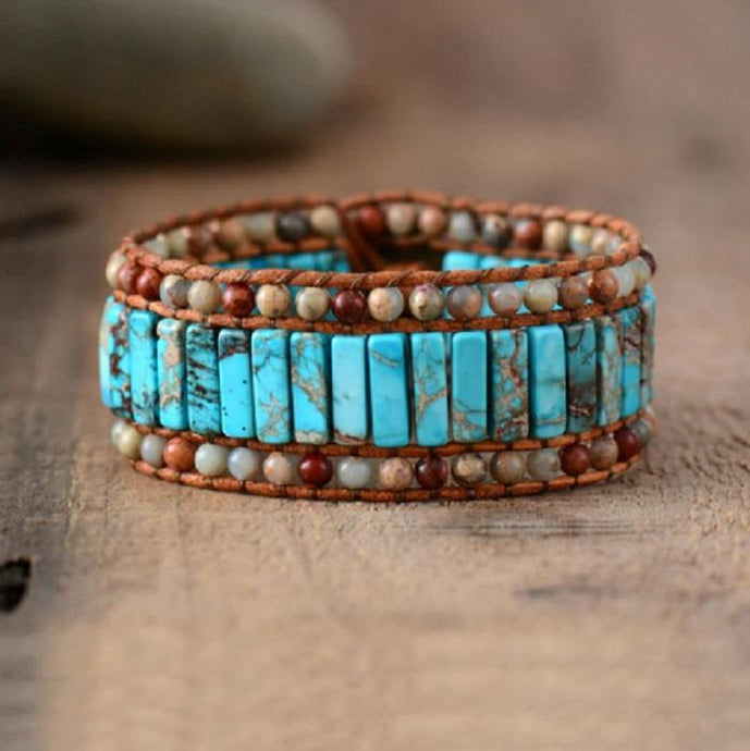 Aqua Blue Jasper 3X Row Cuff Beaded Bracelet