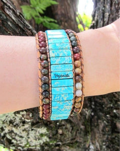 Aqua Jasper 3X Row Cuff Beaded Bracelet