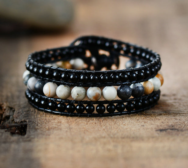 Black Onyx Jasper Cuff Beaded Bracelet