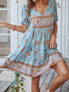 Bohemian Floral Print Tie Neck Puff Sleeve Smock Dress