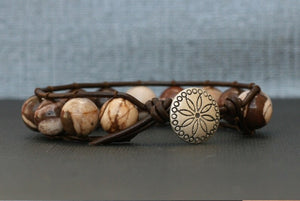 Brown Zebra Jasper on Dark Brown Leather Wrap Bracelet for Him or Her