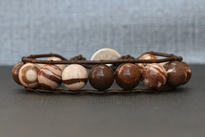 Brown Zebra Jasper on Dark Brown Leather Wrap Bracelet for Him or Her