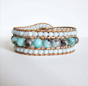 SALE - Natural Hemimorphite Leather 3X Row Cuff Bracelet (Ltd Ed)