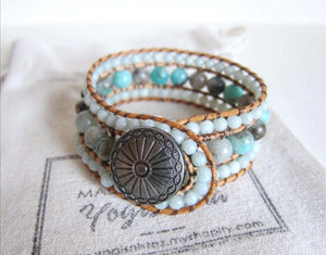 SALE - Natural Hemimorphite Leather 3X Row Cuff Bracelet (Ltd Ed)