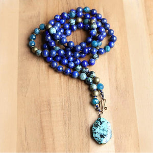 Blue Lapis Lazuli, African Turquoise Hand Knotted Mala Necklace - Intuition and Change