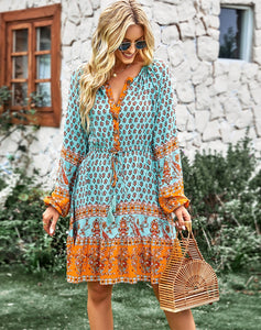 Bohemian Dream Turquoise Floral Print Tie Neck Puffed Sleeve Dress