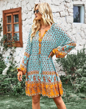 2023 Bohemian Dream Turquoise Floral Print Tie Neck Puffed Sleeve Dress