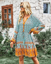 Bohemian Dream Turquoise Floral Print Tie Neck Puffed Sleeve Dress