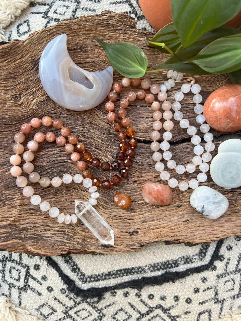 Spessartine Garnet, Sunstone, Moonstone Gemstone Mala Necklace