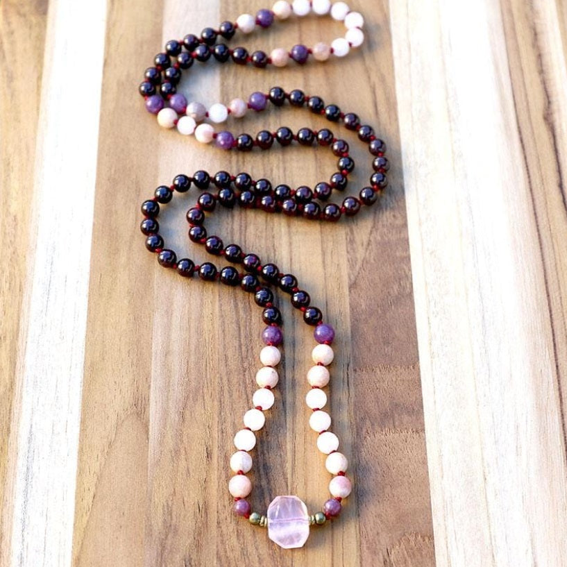 Garnet and Rose Quartz Gemstones Hand Knotted Mala Necklace - January Birthstone