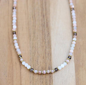 Selenite, Sunstone and Smoky Quartz Delicate Beaded Necklace